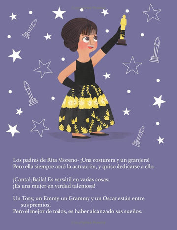 Illustration of a woman holding an Oscar statuette against a purple background with stars and award symbols.
